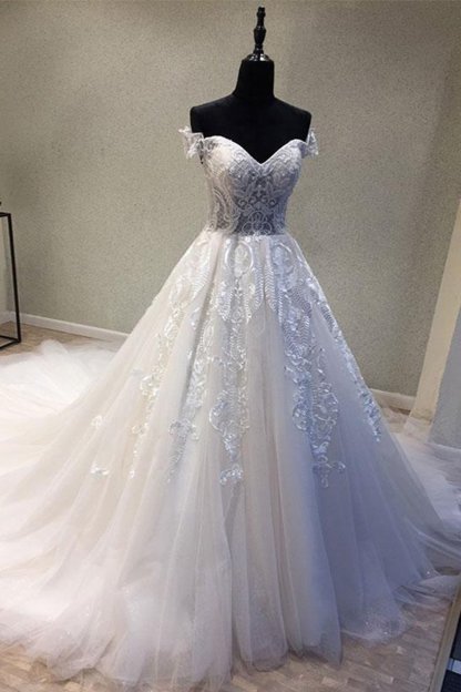 BMbridal Glamorous Sweetheart Sleeveless Wedding Dress Off Shoulder Sweep Train Bridal Gowns On Sale