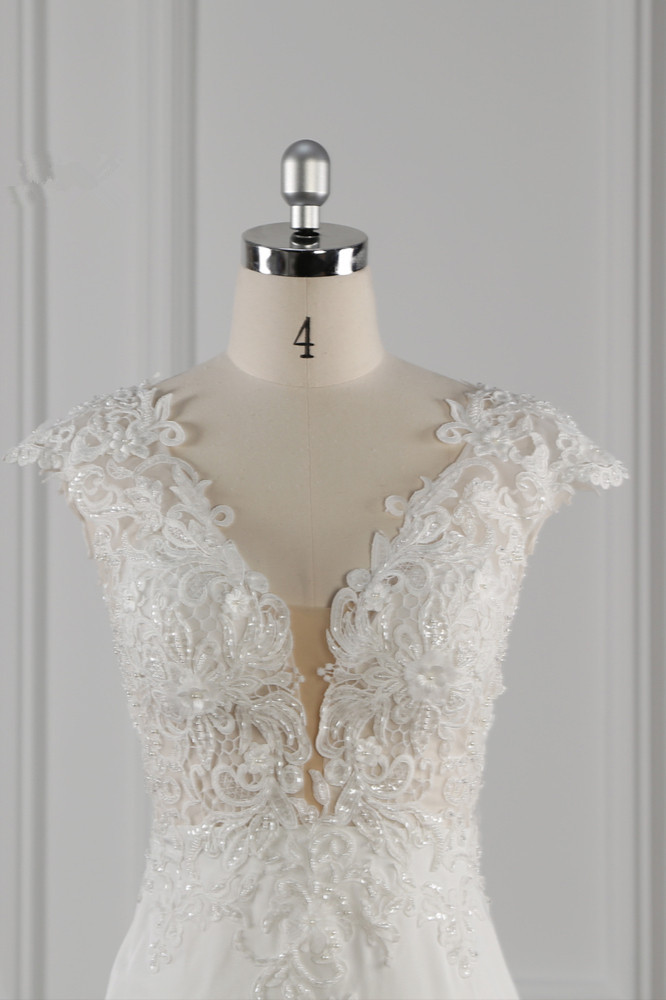 BMbridal Elegant V-neck Chiffon Lace Wedding Dress Beadings Appliques Mermaid Bridal Gowns Online-BMbridal