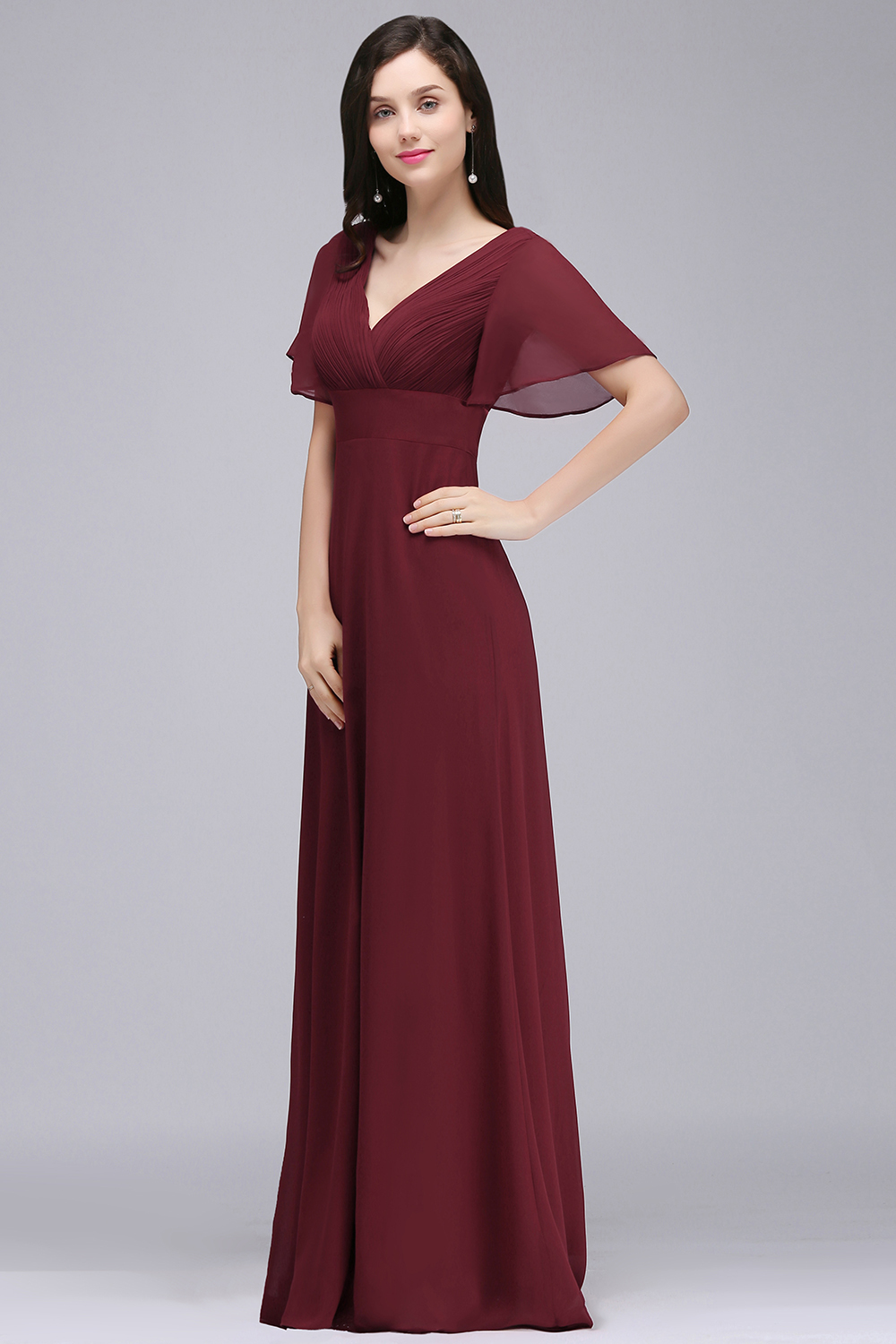 BMbridal Affordable V-Neck Ruffle Long Burgundy Bridesmaid Dress With Short-Sleeves-BMbridal