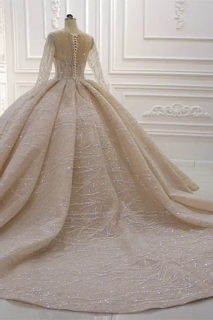 Glamorous Bateau Long Sleeves Floor-Length Ball Gown Wedding Dress with Ruffles