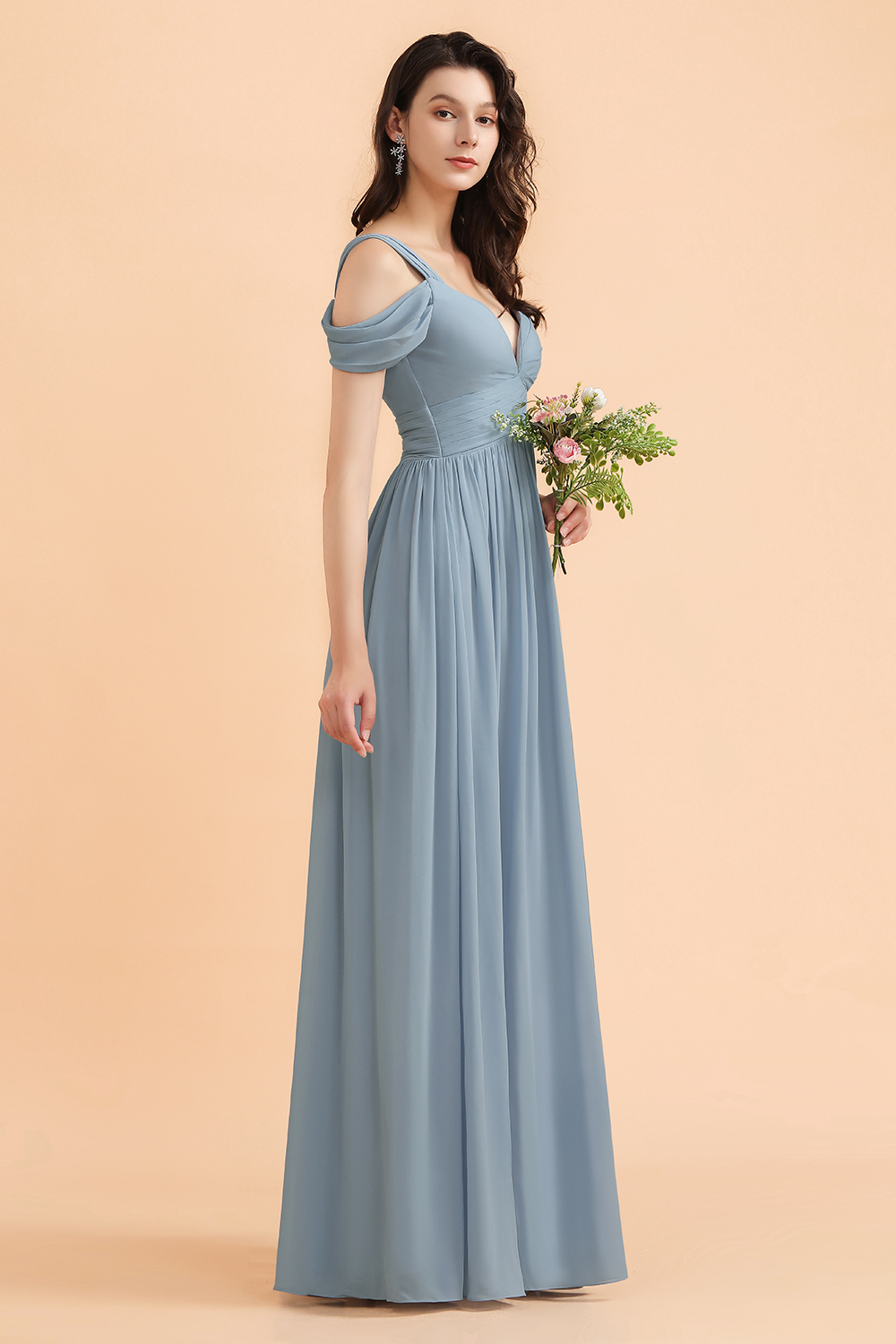 BMbridal Sexy Cold-Shoulder Dusty Blue Chiffon Bridesmaid Dress with Slit On Sale-BMbridal
