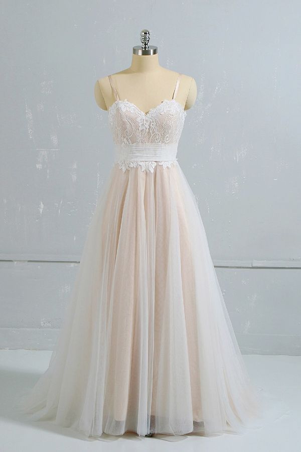 BMbridal Stylish Spaghetti Straps Sleeveless Lace Wedding Dresses Champgne A-line Ruffles Bridal Gowns On Sale-BMbridal