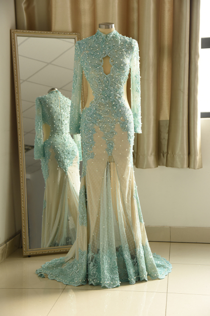 BMbridal Gorgeou High-Neck Lace Appliques Prom Dresses Long Sleeves Front Slit Evening Gowns with Pearls-BMbridal