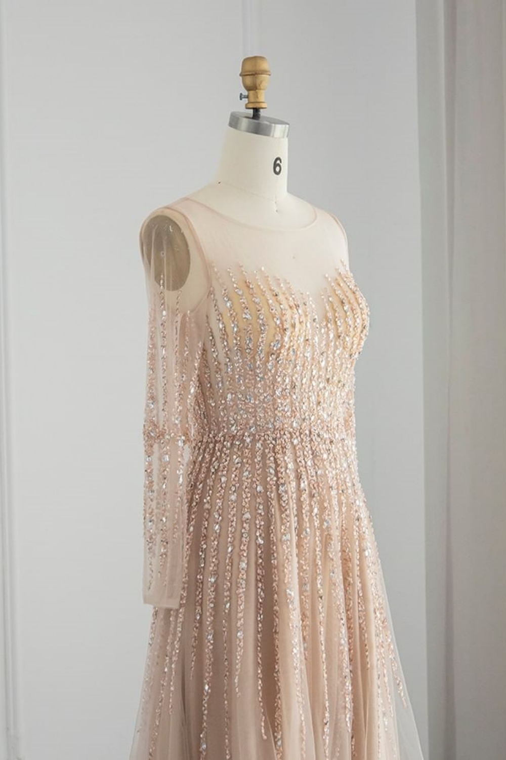 Bmbridal Champagne A-Line Long Sleeves Scoop Prom Dresses with Ruffles