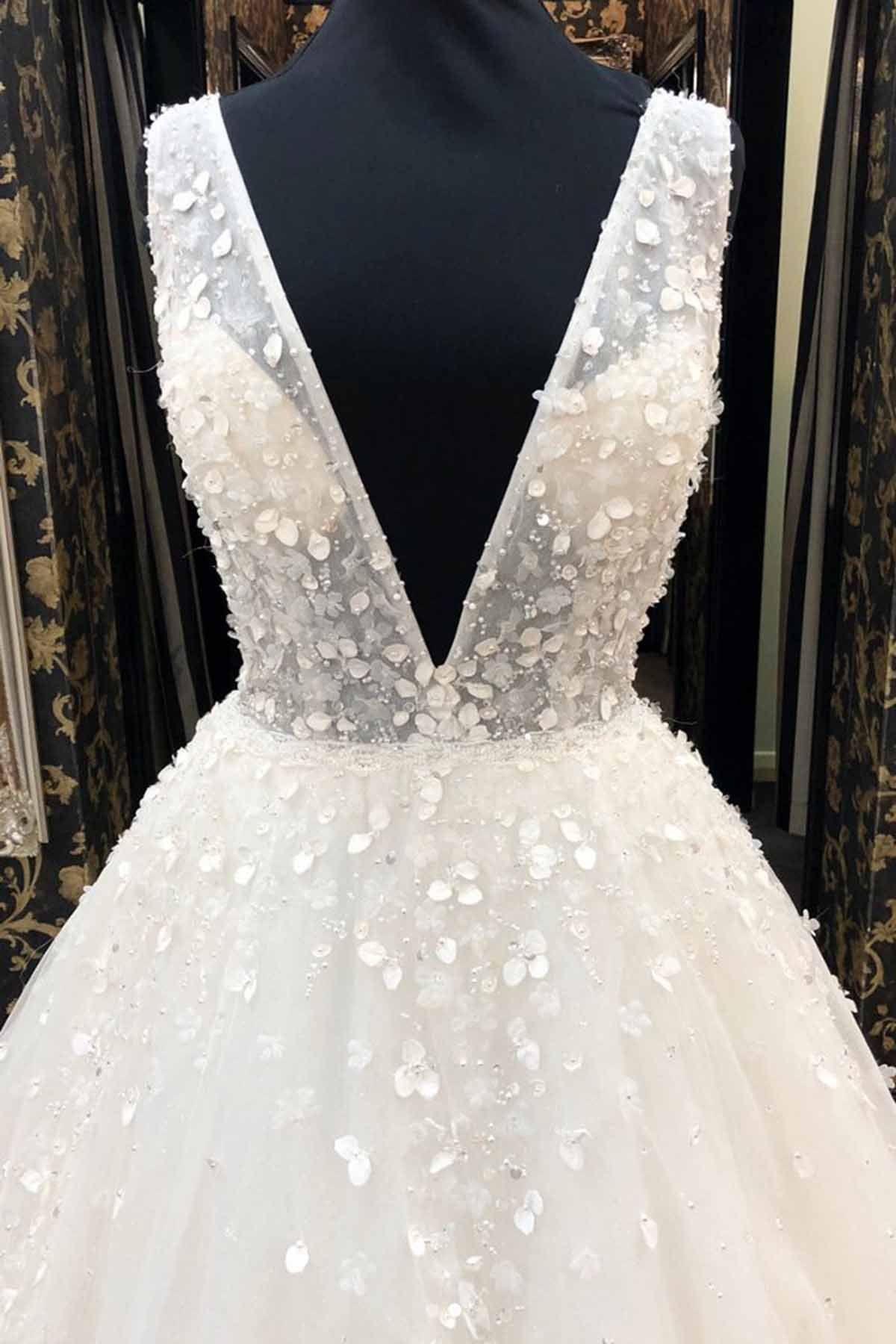 BMbridal AffordableWhite Tulle V-Neck Long Wedding Dress A-Line Applqiues Bridal Gowns On Sale
