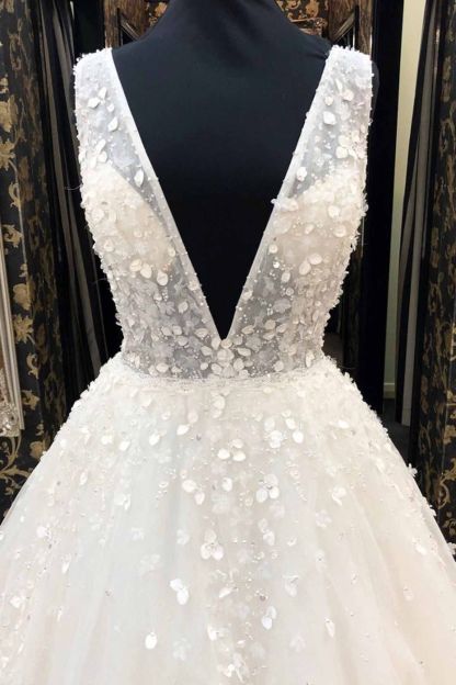 BMbridal AffordableWhite Tulle V-Neck Long Wedding Dress A-Line Applqiues Bridal Gowns On Sale