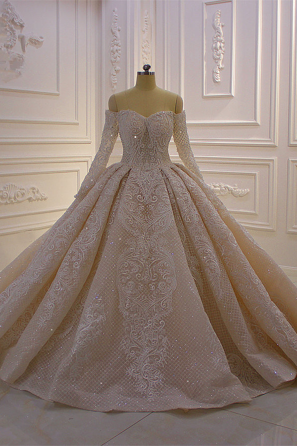 BMbridal Gorgeous Ball Gown Strapless Sequins Wedding Dress Long Sleeves Tulle Lace Bridal Gowns On Sale-BMbridal