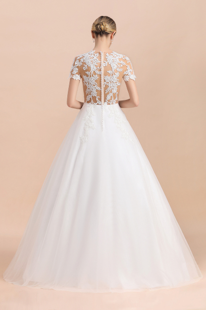 BMbridal Sexy See Through Tulle Appliques Short Sleeves Wedding Dress