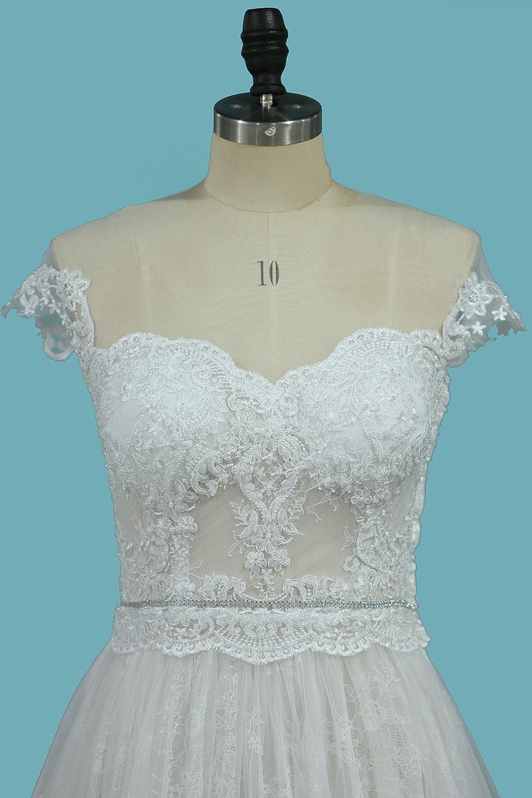 BMbridal Chic Jewel Sleeveless Tulle Wedding Dress Lace Appliques Ruffles Bridal Gowns On Sale-BMbridal