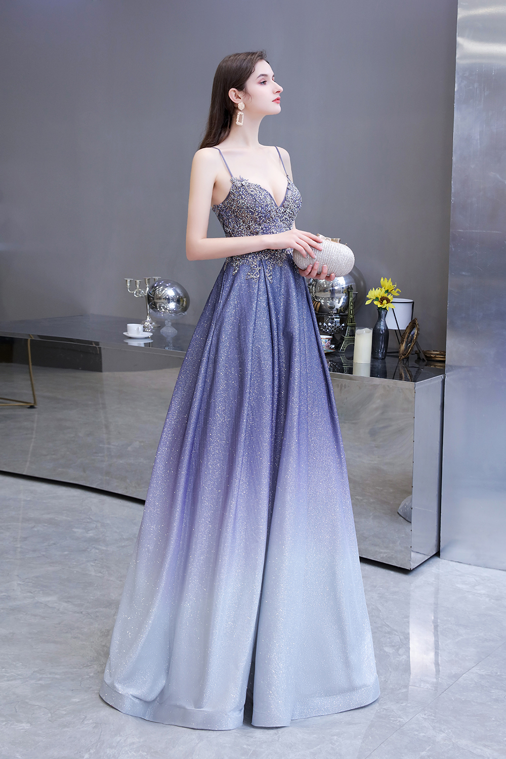 BMbridal Elegant Spaghetti Straps Ombre Prom Dress Long With Appliques Beads