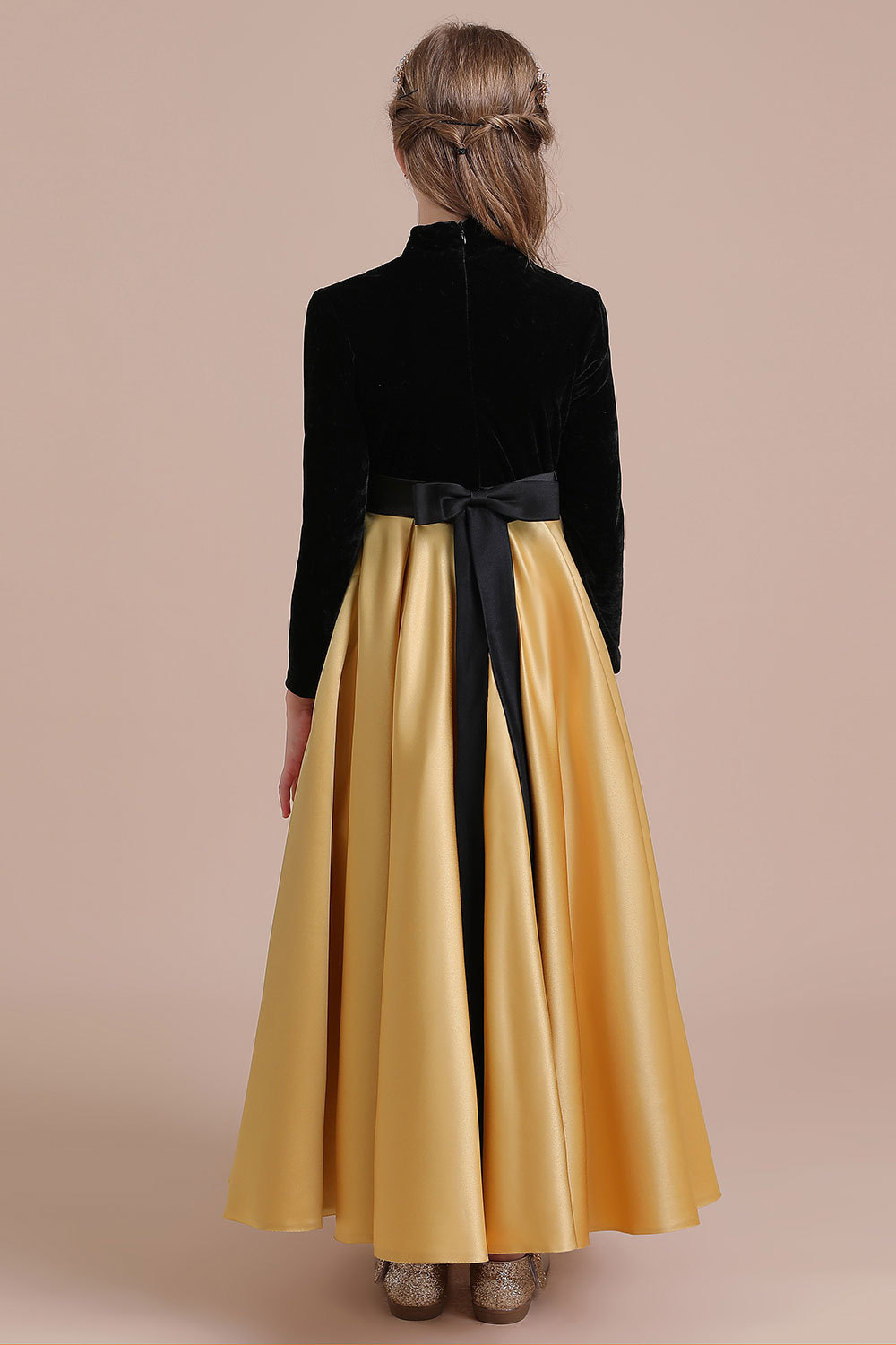 BMbridal A-Line High-neck Velvet Satin Flower Girl Dress Online-BMbridal