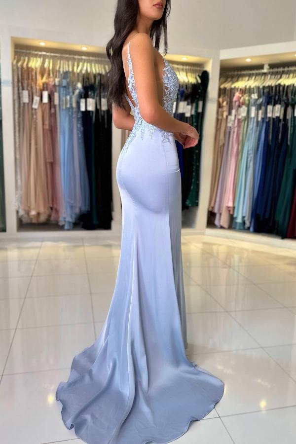 Fashionable Mermaid V-Neck Spaghetti Straps Sleeveless Satin Lace Prom Dresses with Slit