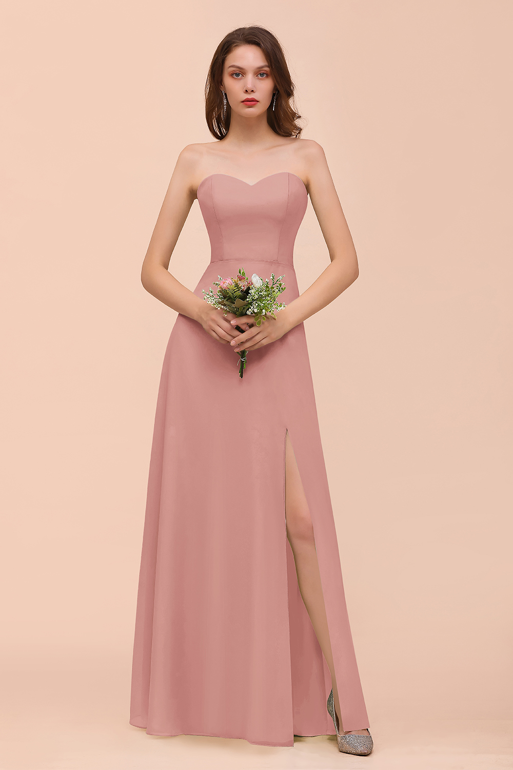 BMbridal Affordable Strapless Front Slit Long Dusty Sage Bridesmaid Dress-BMbridal