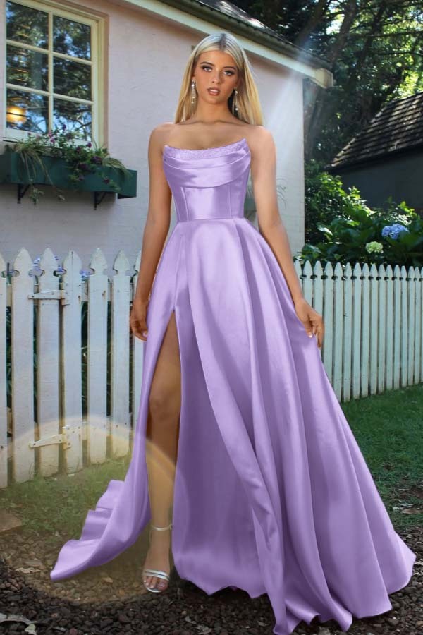 Strapless Sleeveless A Line Long Prom Dress With Split Pleated
