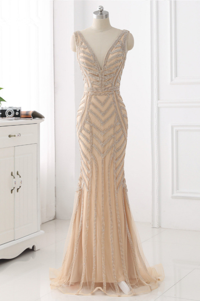 BMbridal Elegant Gold Tulle V-Neck Sleeveless Prom Dresses with Beadings On Sale