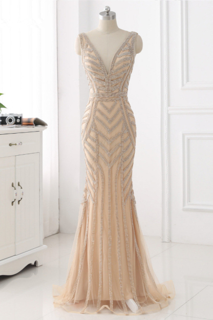 BMbridal Elegant Gold Tulle V-Neck Sleeveless Prom Dresses with Beadings On Sale