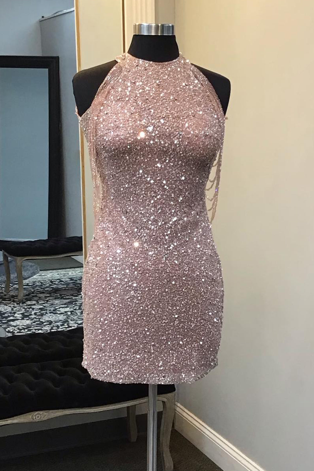 Sparkly Champagne Sequin Round Neck Tight Short Homecoming Dress with Fringes-BMbridal