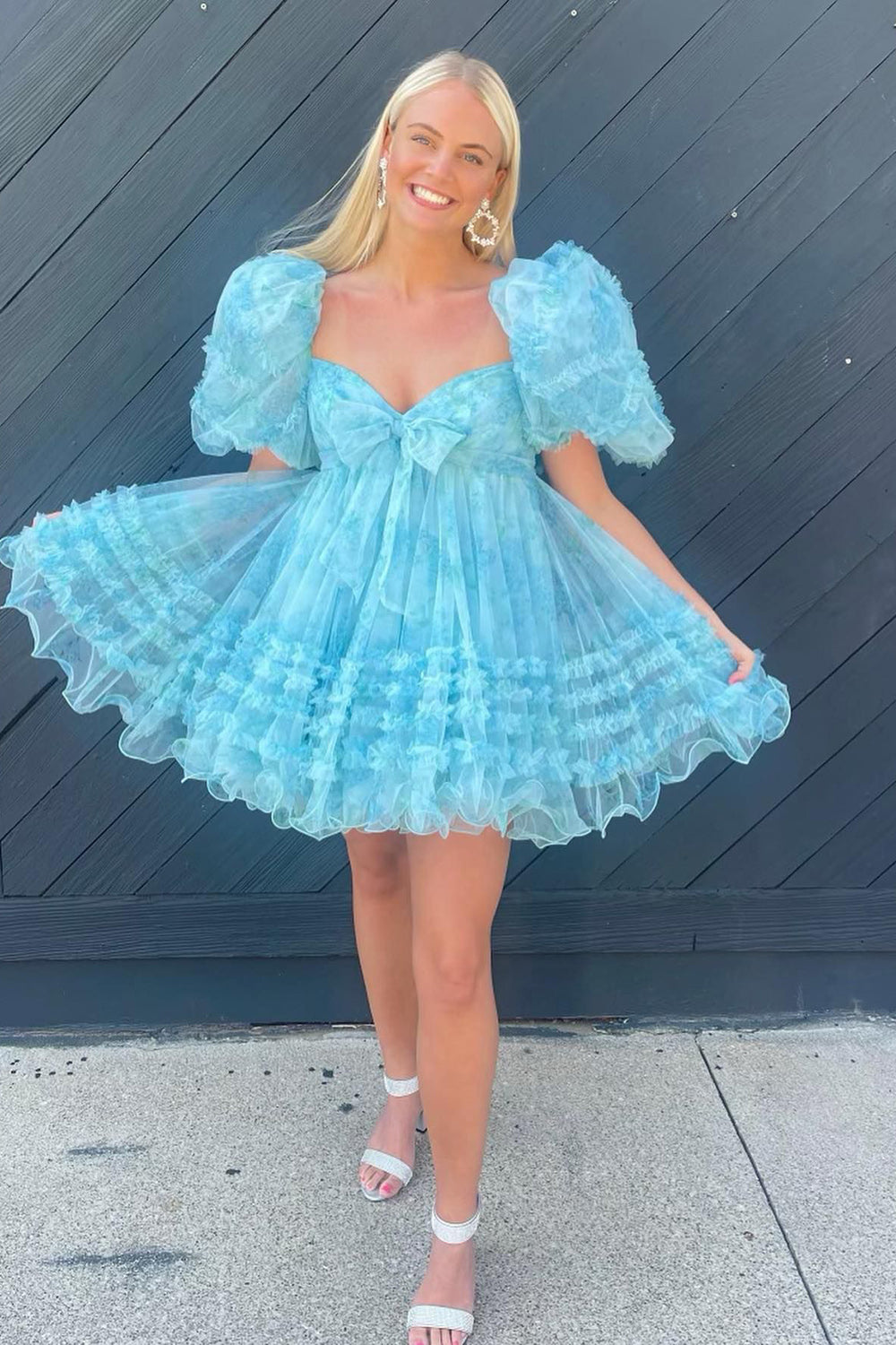 Blue Puff Sleeves A-Line Floral Short Homecoming Dress with Ruffles-BMbridal