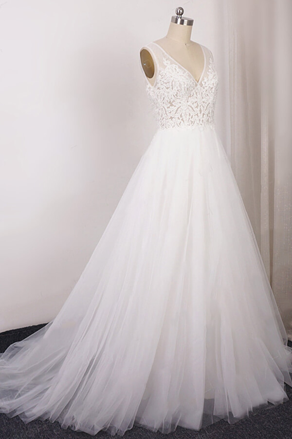 BMbridal Glamorous V-neck Straps Sleeveless Wedding Dress Appliques Tulle A-line Bridal Gowns On Sale-BMbridal