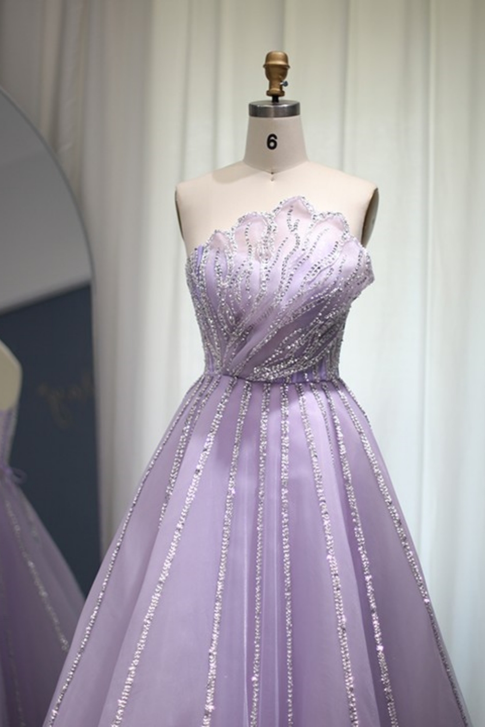 Bmbridal Lilac Tulle Strapless Sleeveless Floor-Length Prom Dresses with Ruffles