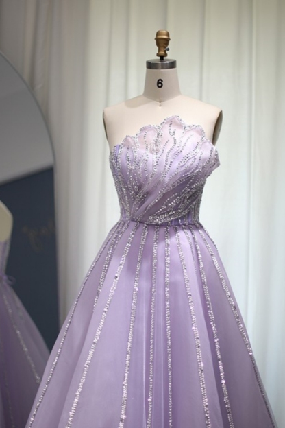 Bmbridal Lilac Tulle Strapless Sleeveless Floor-Length Prom Dresses with Ruffles