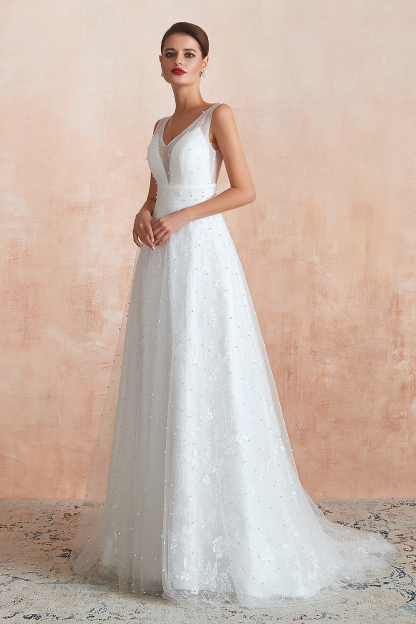 BMbridal Fantastic V-Neck Sleeveless White Appliques Wedding Dress With Pearls