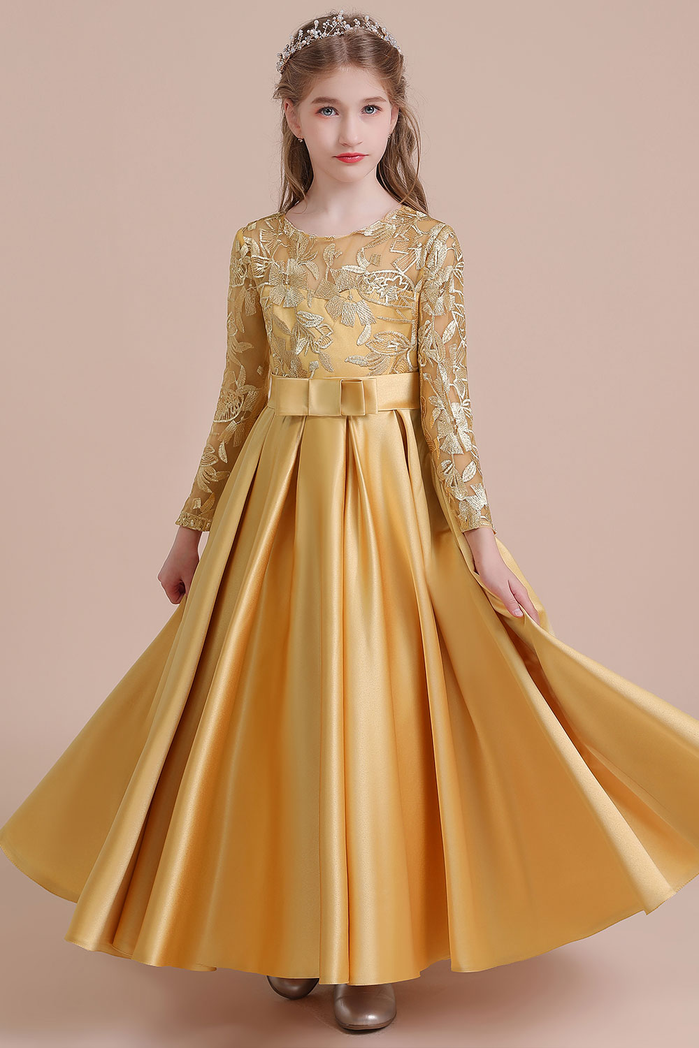 BMbridal A-Line Long Sleeve Satin Ankle Length Flower Girl Dress Online-BMbridal