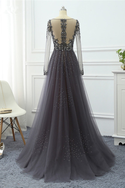 BMbridal Elegant V-Neck Long Sleeves Appliques Beadings Prom Dresses with Overskirt