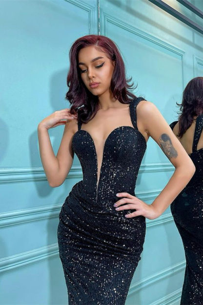 Bmbridal Black Straps Prom Dress Sheath Sequins Sweetheart