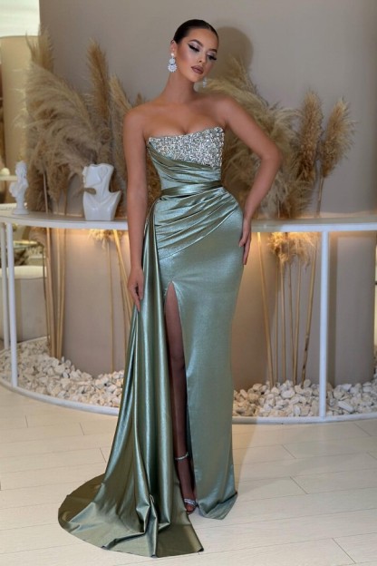 Bmbridal Dusty Sage Sweetheart Prom Dress Mermaid Slit Long With Beads