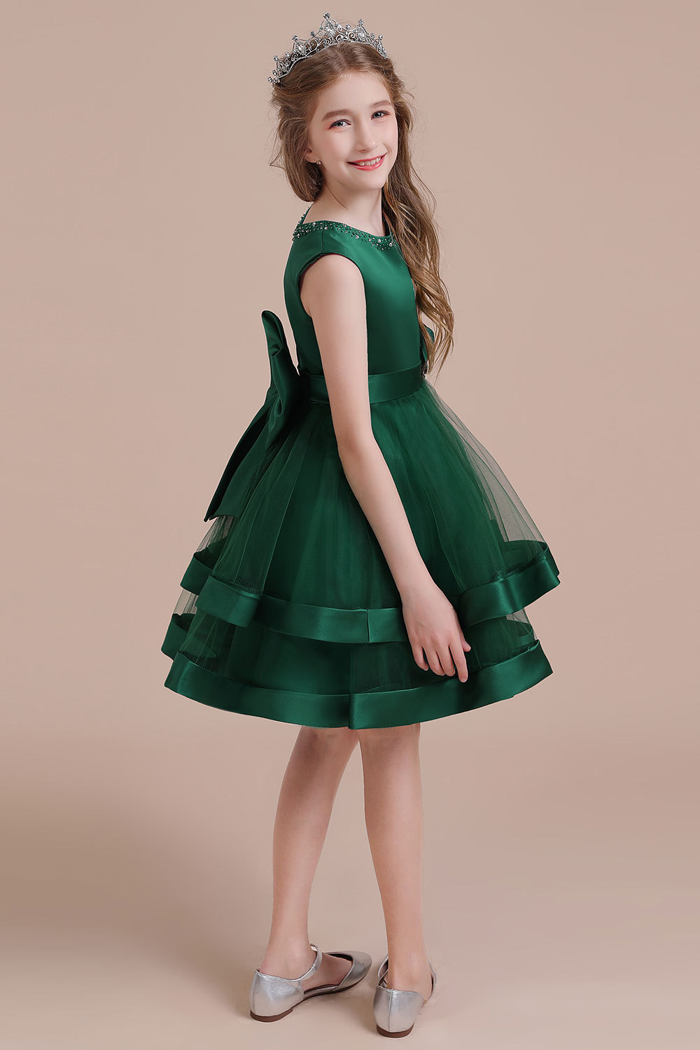 BMbridal A-Line Bow Satin Layered Tulle Flower Girl Dress Online-BMbridal