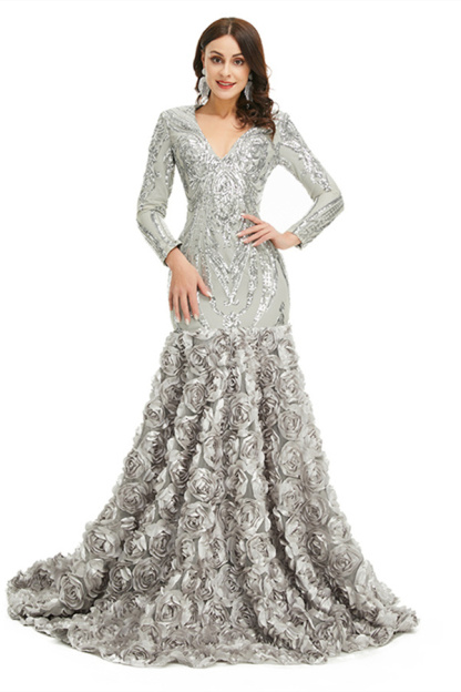 Bmbridal Long Sleeves V-Neck Prom Dress Mermaid Sequins With Flowers Bottom
