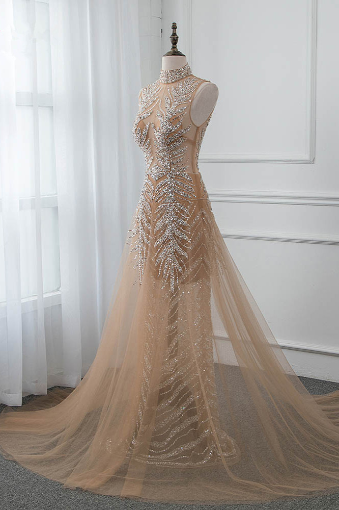 BMbridal Glamorous High-Neck Beadings Appliques Prom Dresses with Rhinestones