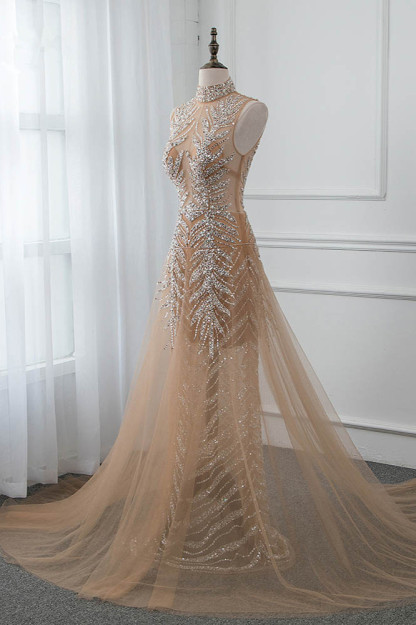 BMbridal Glamorous High-Neck Beadings Appliques Prom Dresses with Rhinestones
