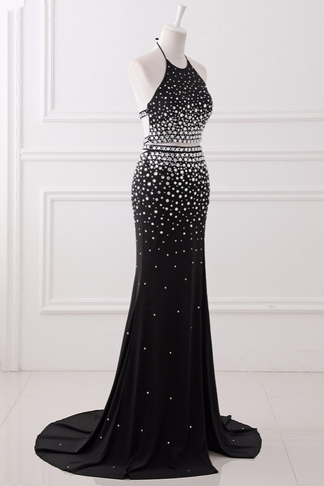 BMbridal Luxury Chiffon Halter Sleeveless Beadings Prom Dresses with Front Slit Online