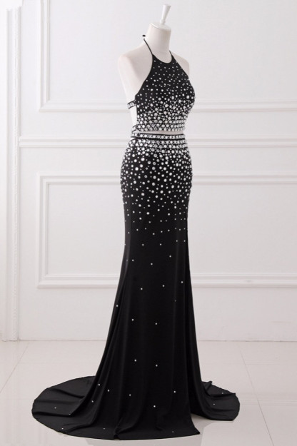 BMbridal Luxury Chiffon Halter Sleeveless Beadings Prom Dresses with Front Slit Online