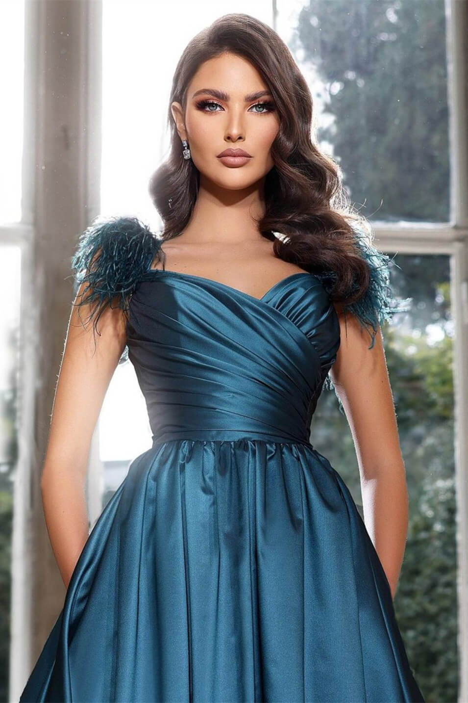 Gorgeous Ink Blue Sweetheart Prom Dress Long With Feathers