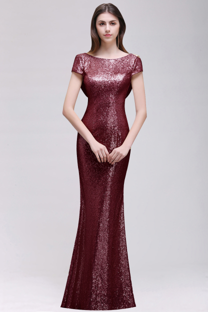 BMbridal Sparkly Sequined Jewel Sheath Prom Dress with Short Sleeves and Draped Back
