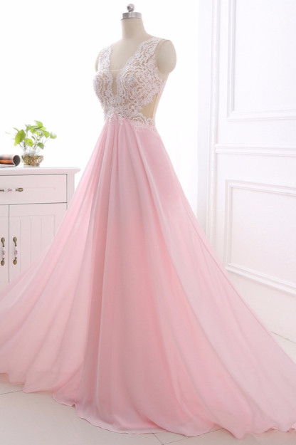 BMbridal Elegant A-Line V-Neck Pink Chiffon Prom Dresses with Ruffles Online