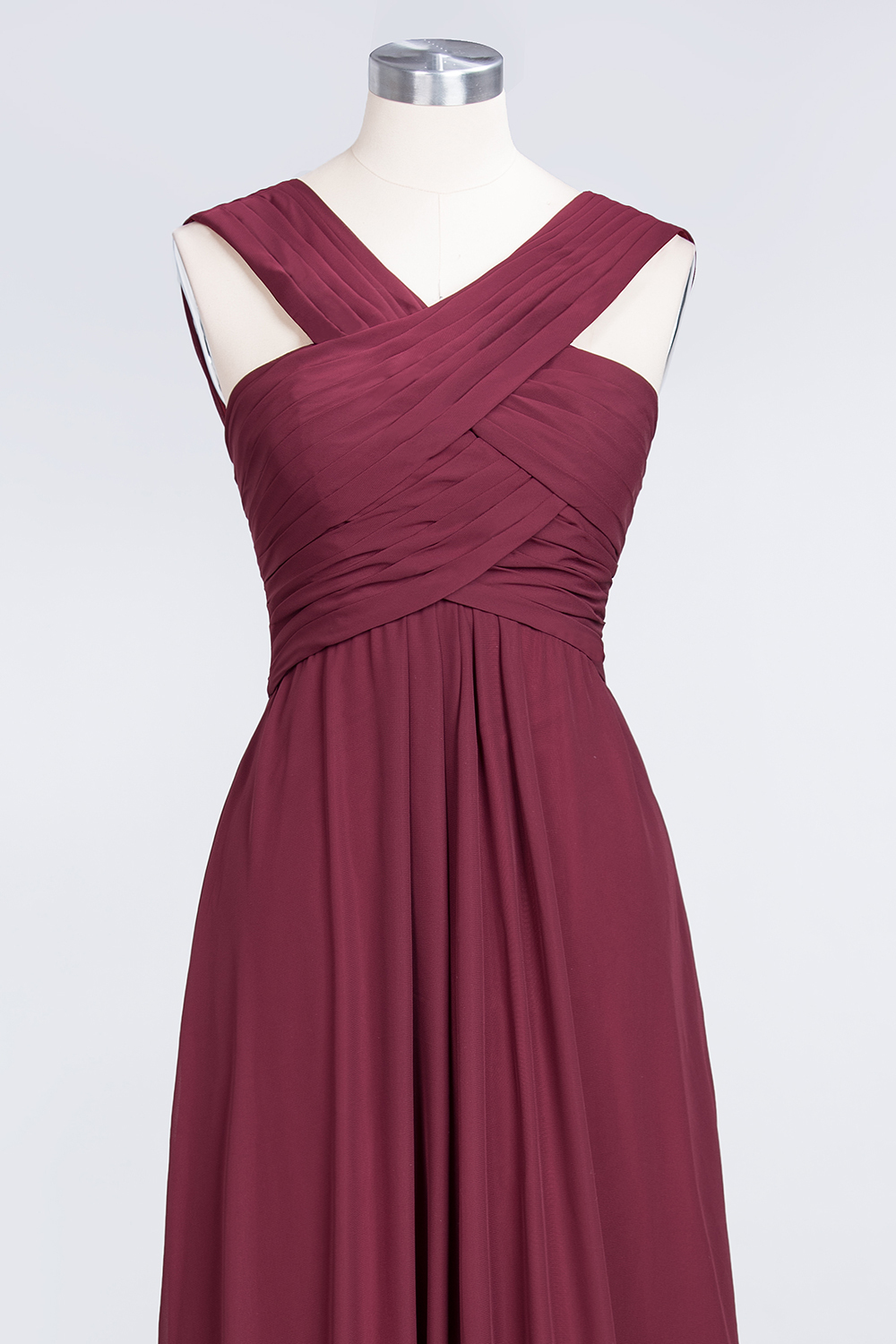 BMbridal Elegant Chiffon V-Neck Straps Crisscross Burgundy Bridesmaid Dress with Ruffle-BMbridal