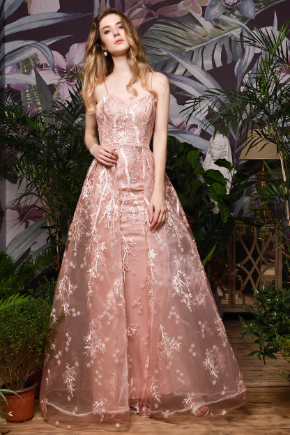 BMbridal Pink Spaghetti-Straps Appliques Prom Dress Long Evening Gowns Overskirt