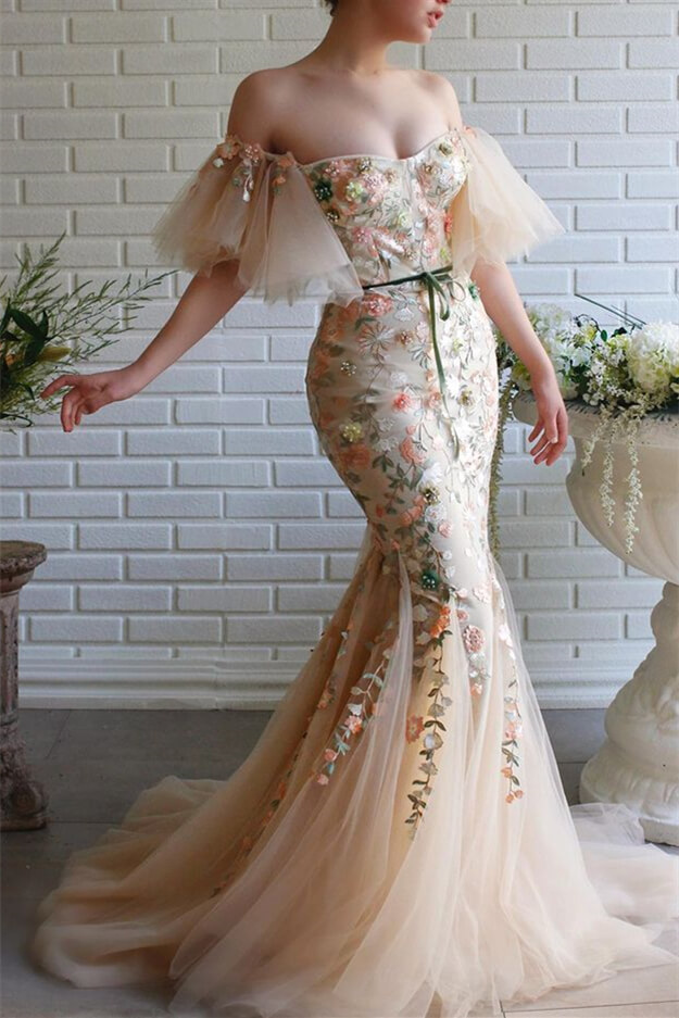 Bmbridal Mermiad Sweetheart Short Sleeves Prom Dress with Appliques