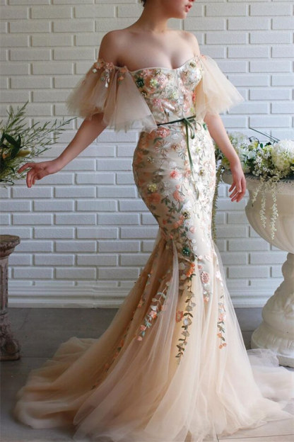Bmbridal Mermiad Sweetheart Short Sleeves Prom Dress with Appliques