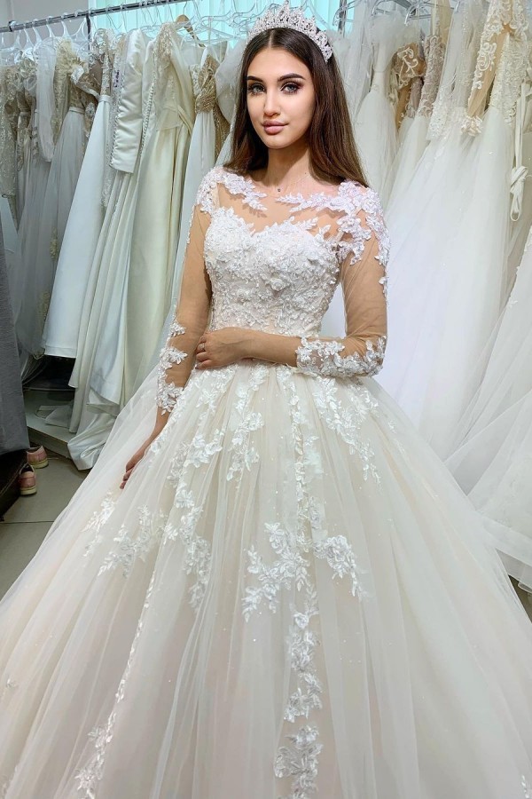 Charming Princess Bateau Long Sleeve Floor-Length Wedding Dress with Appliques Lace Tulle