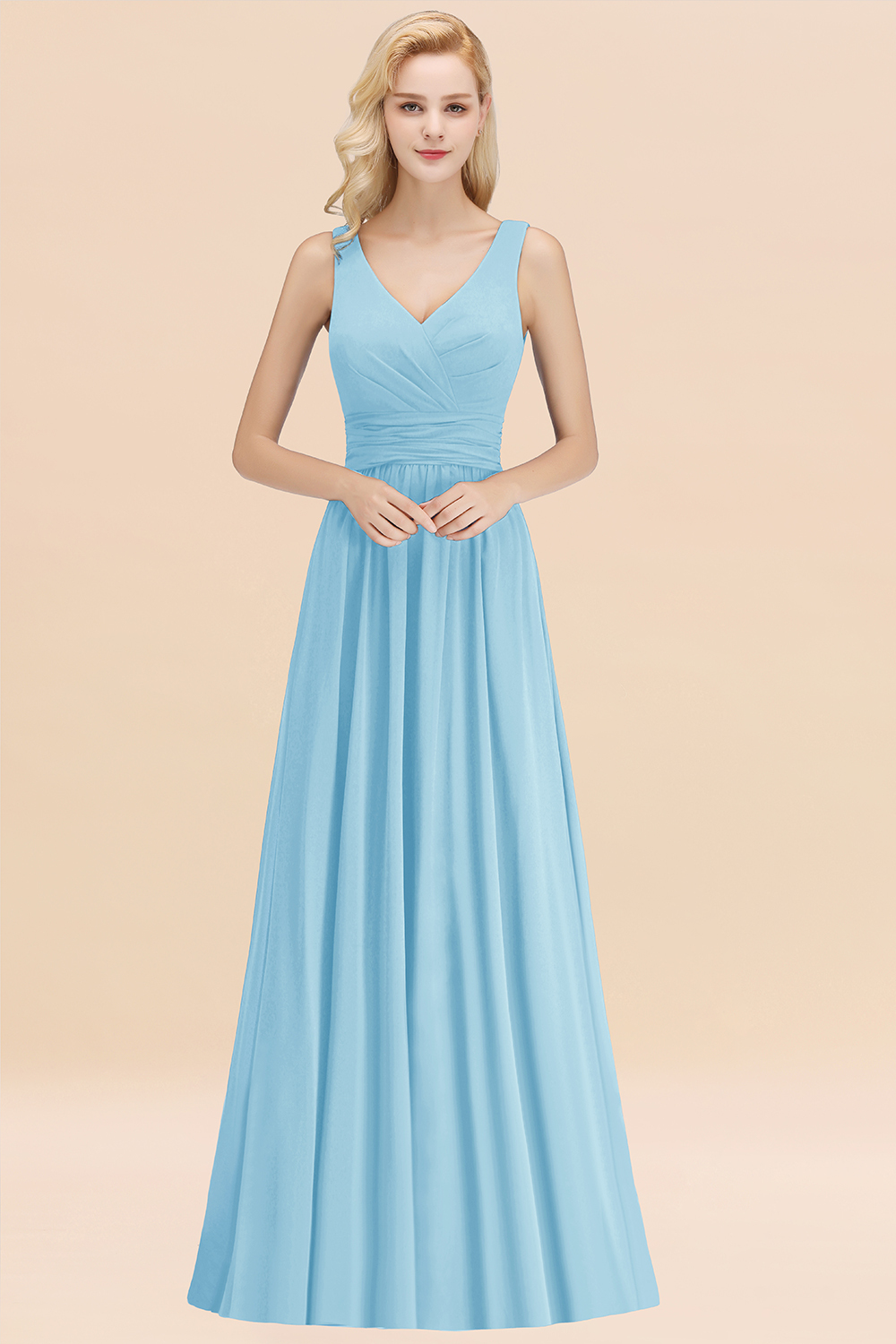 BMbridal Modest Sleeveless V-Neck Long Chiffon Bridesmaid Dress Online with Ruffle-BMbridal