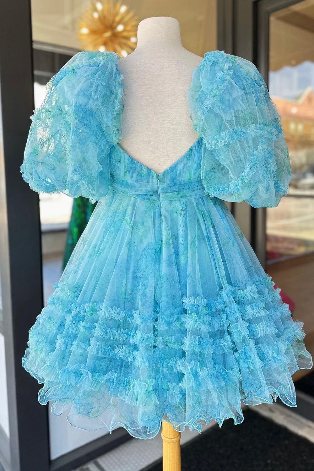 Blue Puff Sleeves A-Line Floral Short Homecoming Dress with Ruffles-BMbridal