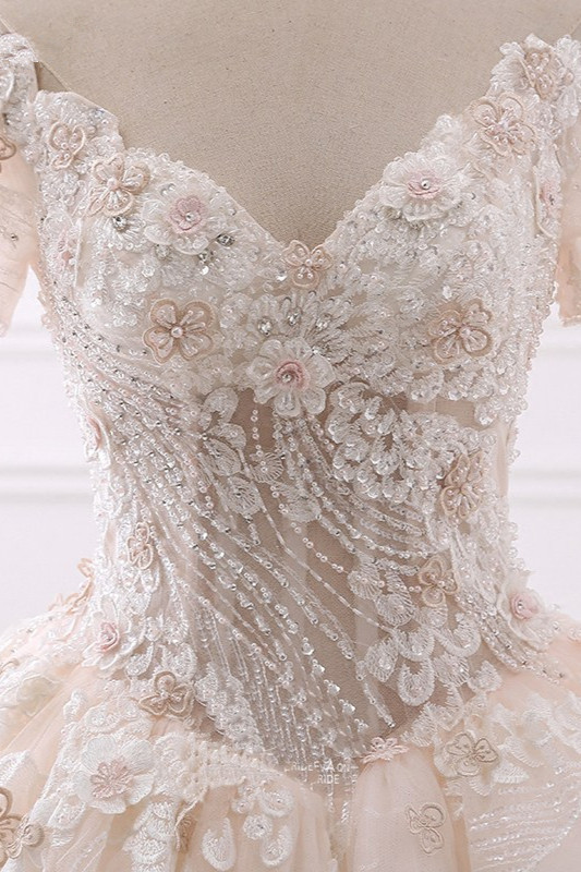 BMbridal Ball Gown V-Neck Tulle Beadings Wedding Dress Lace Appliques Short Sleeves Bridal Gowns with Flowers On Sale-BMbridal
