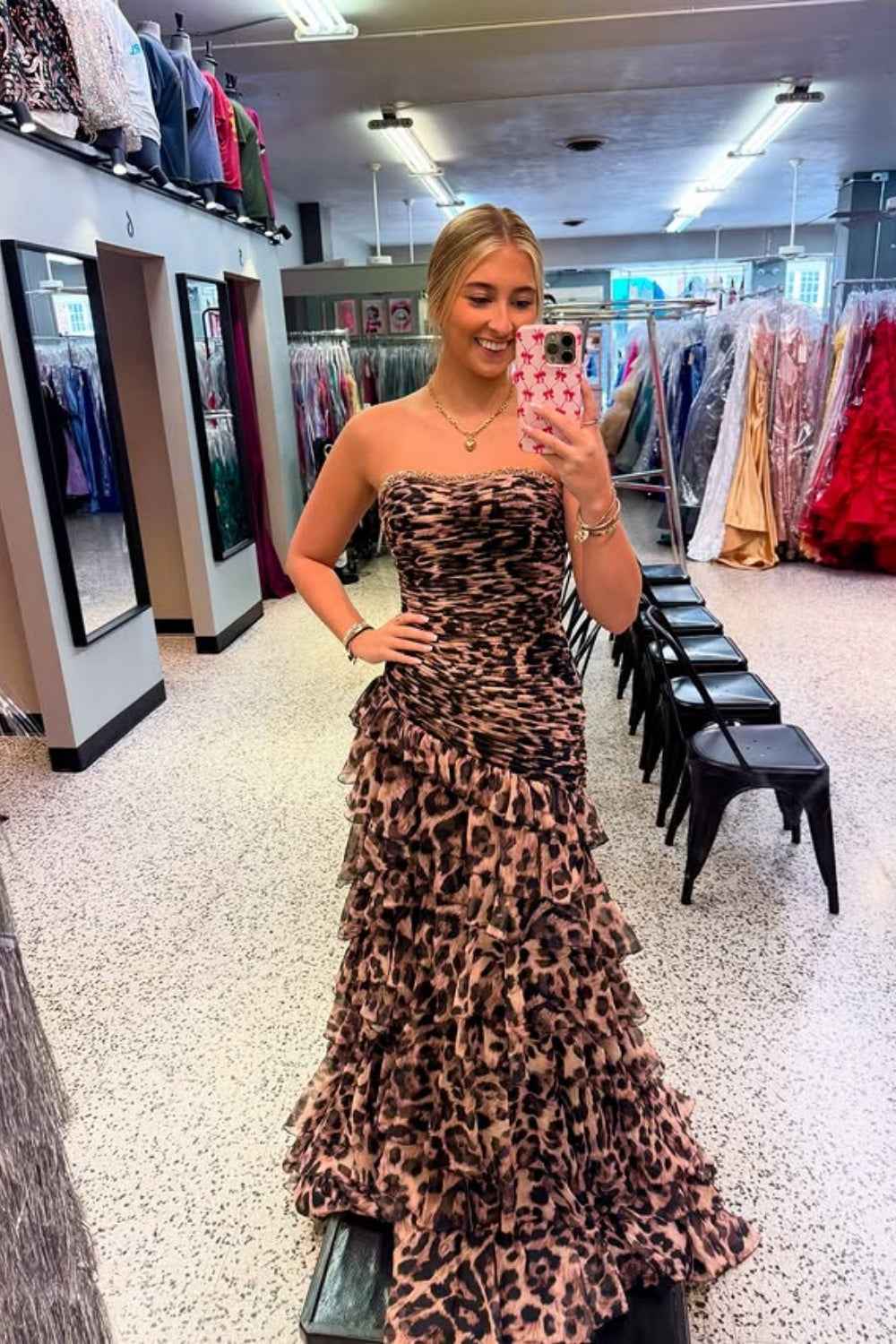 Sparkly Brown Leopard Beaded Strapless Tiered Long Prom Dress with Ruffles