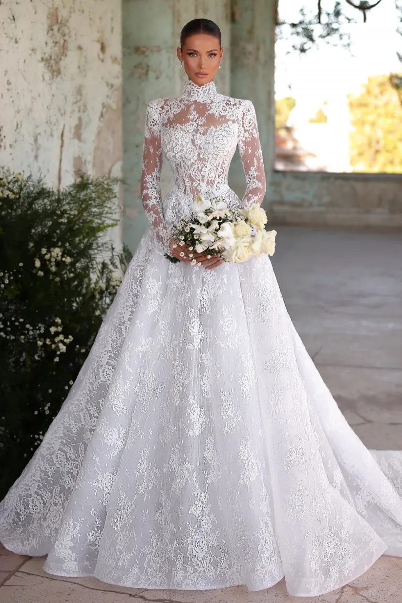 Designer Wedding Dresses A Line Lace Wedding Dresses With Sleeves