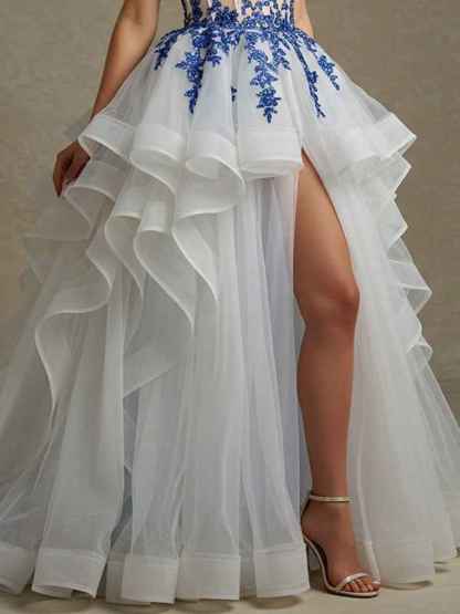 Ball-Gown/Princess V-Neck Off The Shoulder Sweep Train Tulle Prom Dress